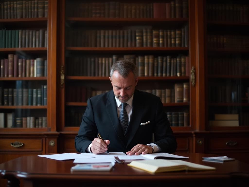 Specialist defamation solicitor reviewing legal documents at a traditional London law office
