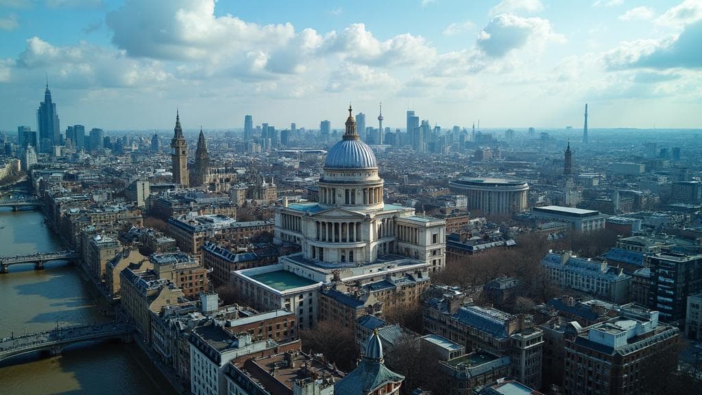 Aerial view of the City of London legal district showing the Old Bailey and surrounding courts