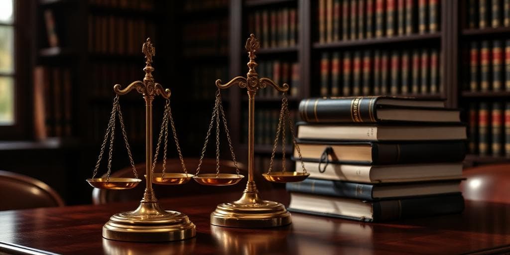 Scales of justice and law books in a UK law office